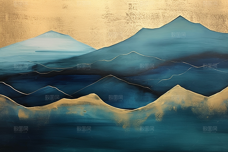 金色山水剪影质感装饰画
