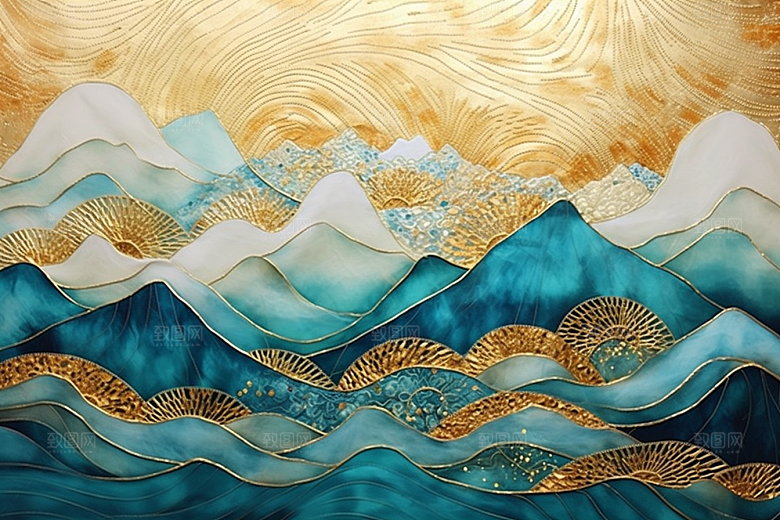 金色山水剪影质感装饰画