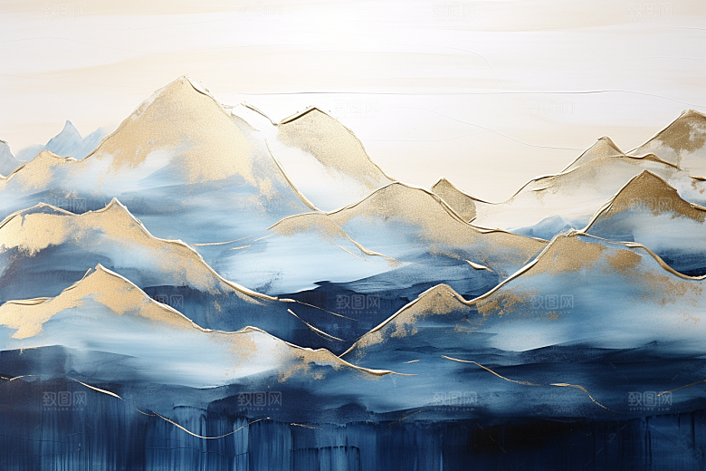 金色山水国潮水墨装饰画