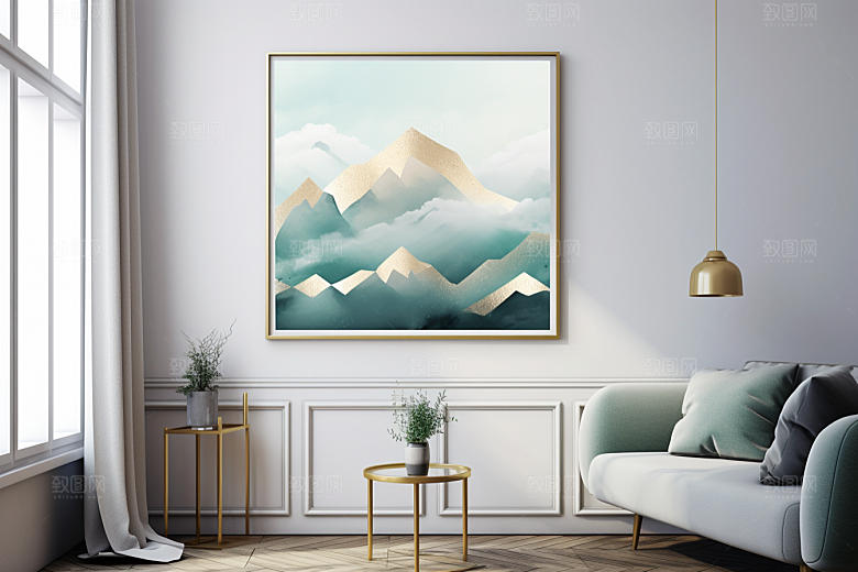 金色山水背景水墨装饰画