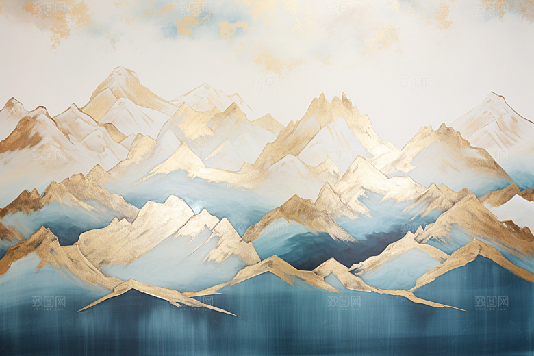 金色山水国潮剪影装饰画
