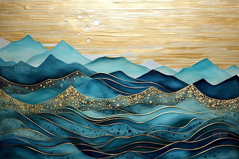 金色山水抽象新中式装饰画