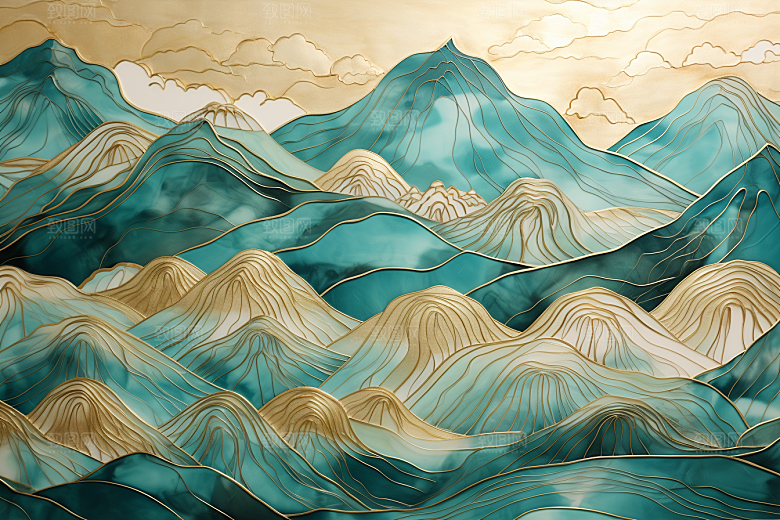 金色山水国潮质感装饰画