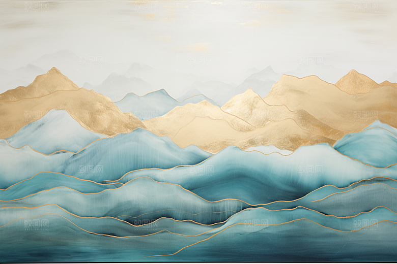 金色山水背景新中式装饰画