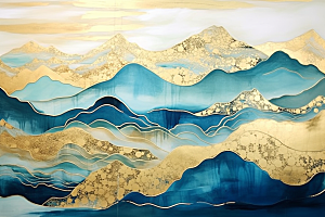 金色山水剪影中国风装饰画