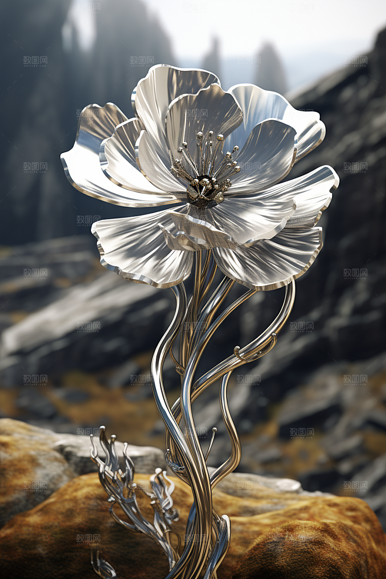 金属质感花卉立体润泽模型