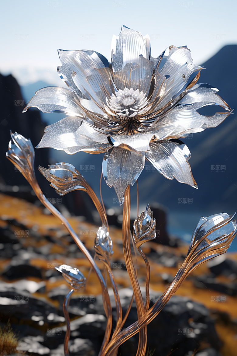 金属质感花卉光泽立体模型