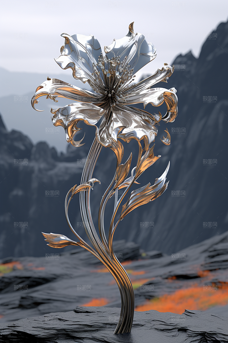 金属质感花卉光泽立体模型