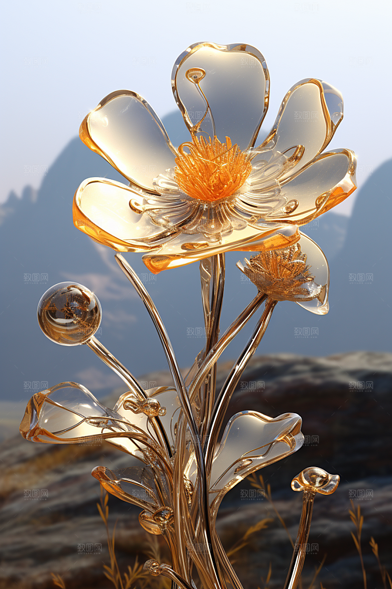 金属质感花卉光泽立体模型