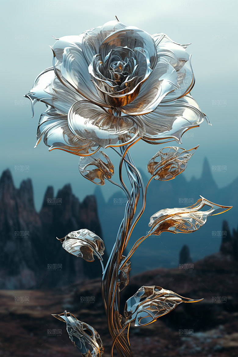 金属质感花卉光泽立体模型