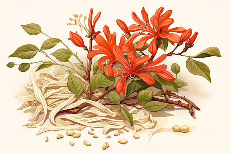 金银花药方手绘插画