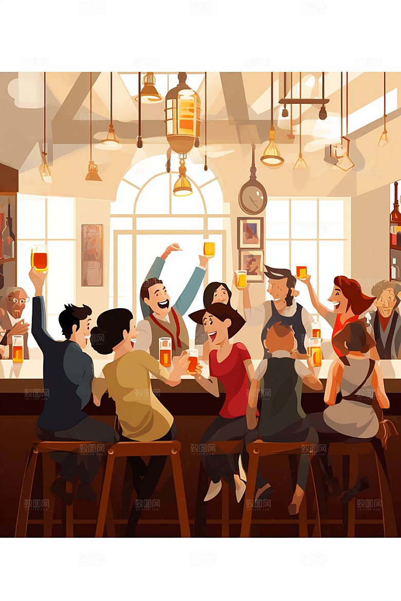 啤酒聚餐扁平风酒吧插画