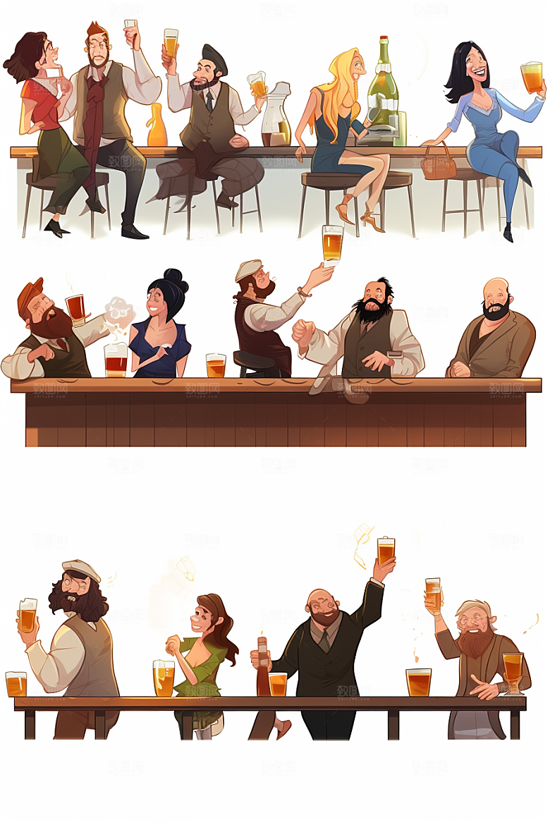 啤酒聚餐酒吧暖色调插画