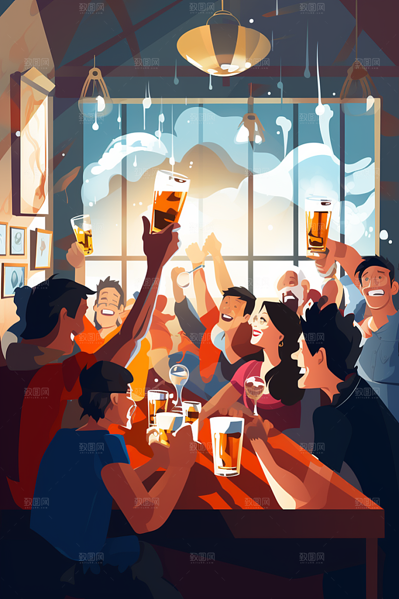 啤酒聚餐畅饮聚会插画