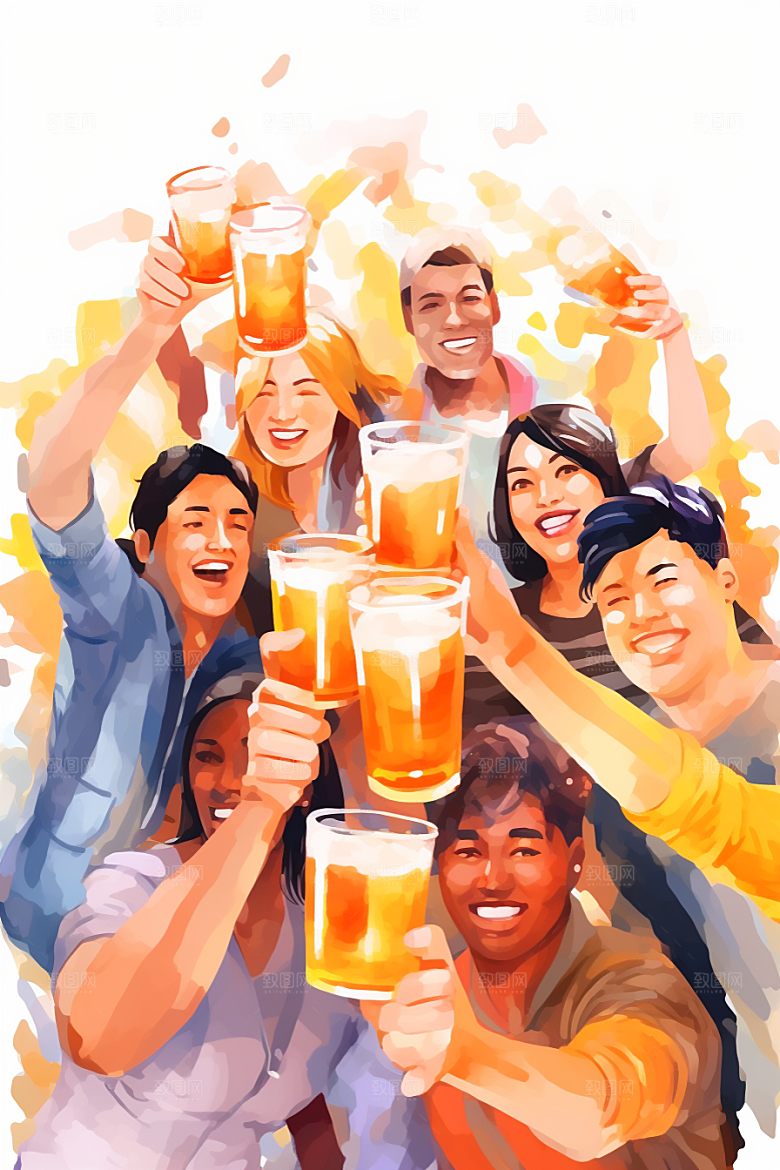 啤酒聚餐畅饮暖色调插画