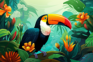 犀鸟雨林热带插画