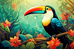 犀鸟雨林热带插画