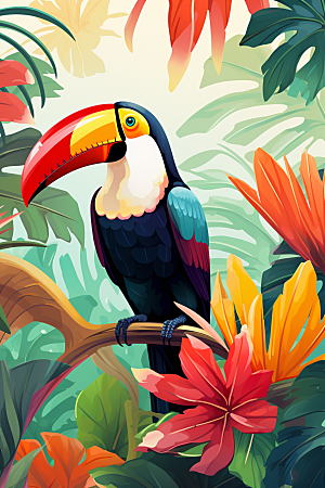 犀鸟热带彩色插画