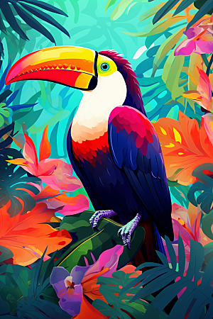 犀鸟彩色热带插画