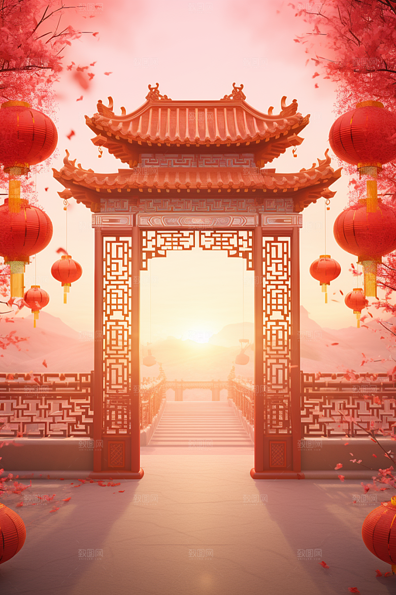 中国风门楼直播中式背景图