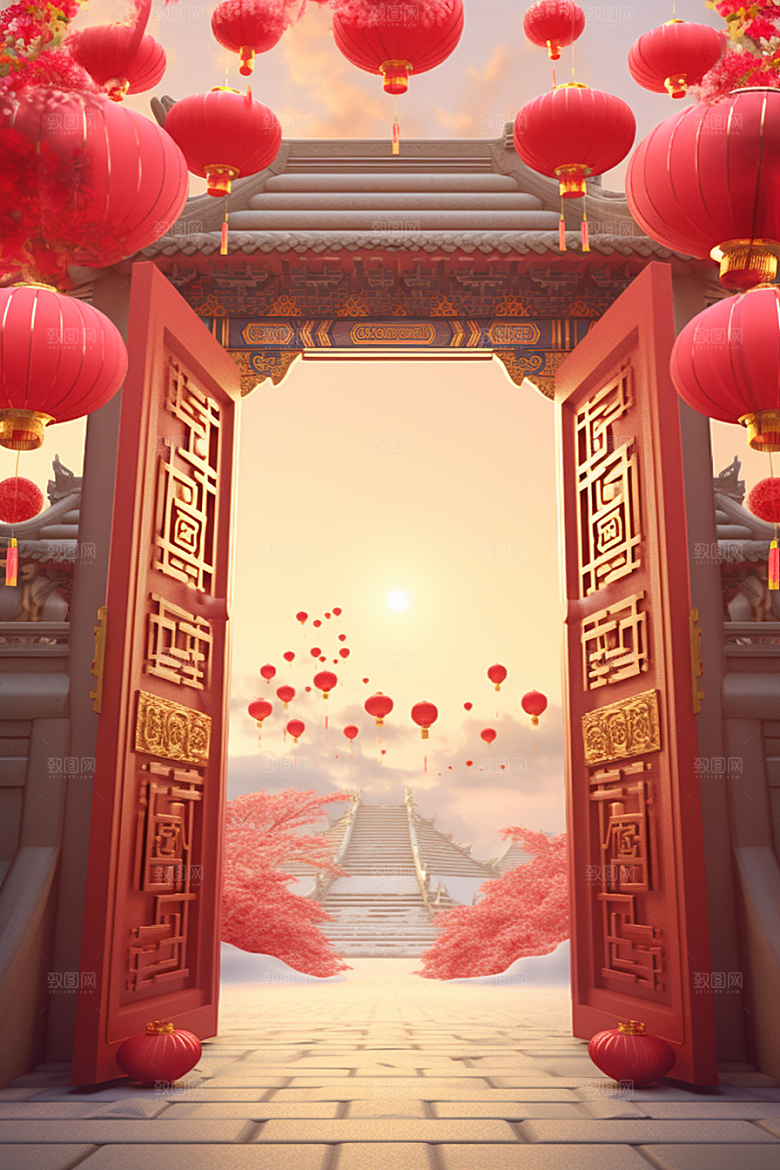 中国风门楼开门红直播背景图