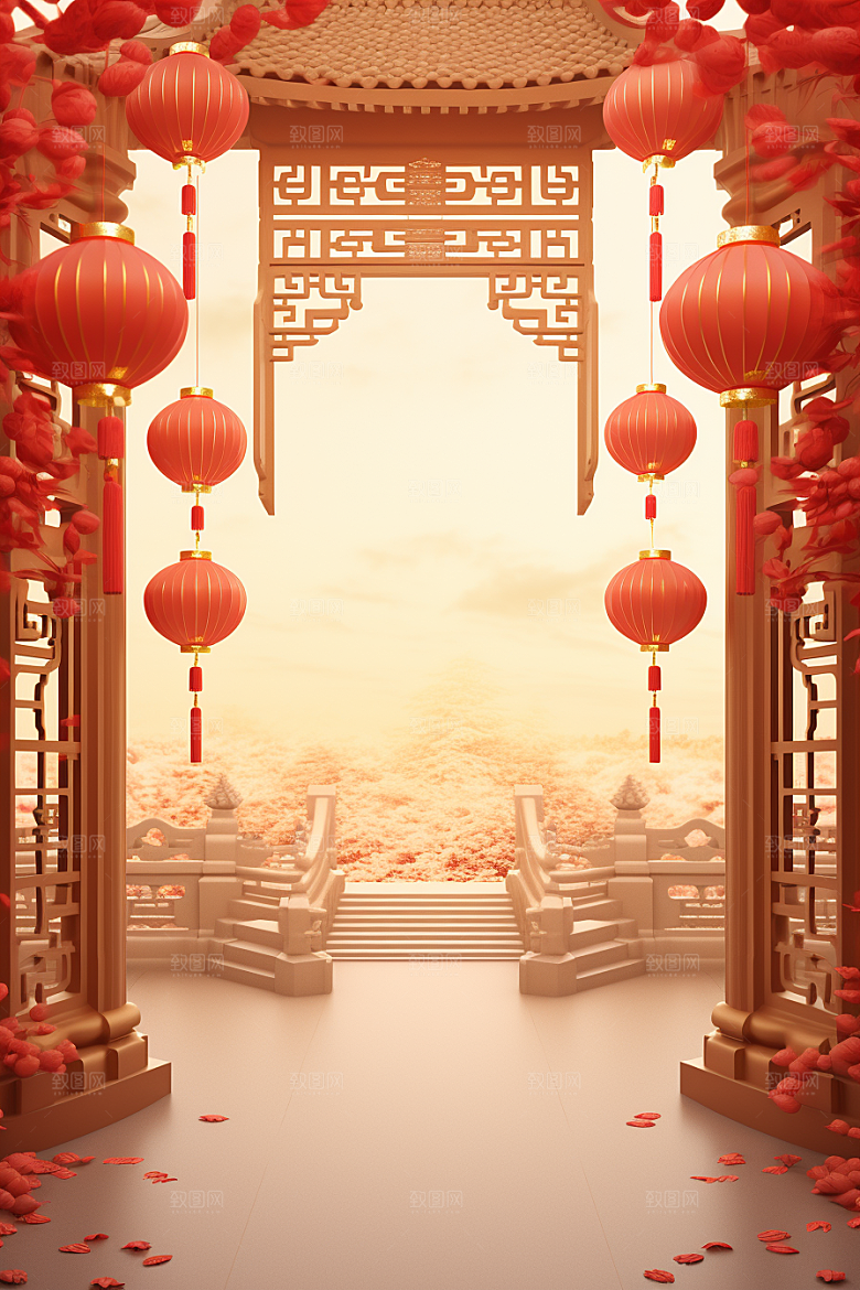 中国风门楼火热国潮背景图