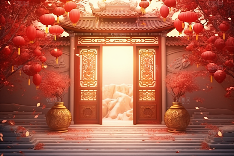 中国风门楼开门红开业大吉背景图