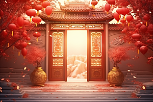 中国风门楼开门红开业大吉背景图