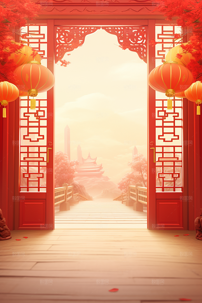 中国风门楼开门红喜庆背景图