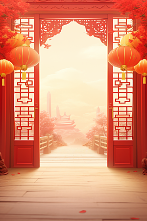 中国风门楼开门红喜庆背景图
