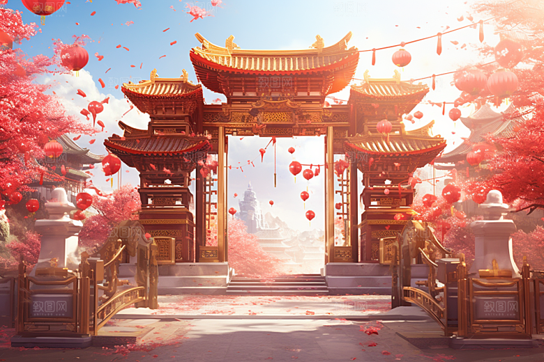 中国风门楼火热开业大吉背景图
