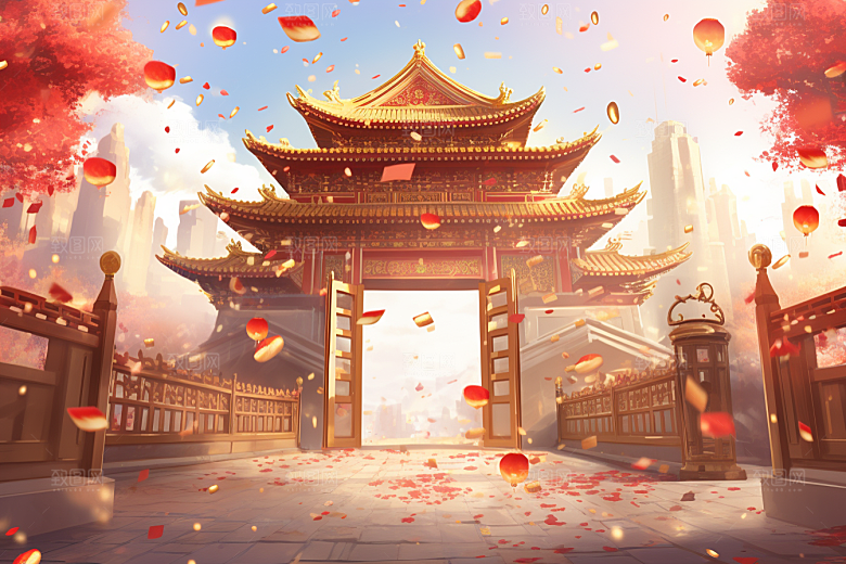中国风门楼火热开门红背景图