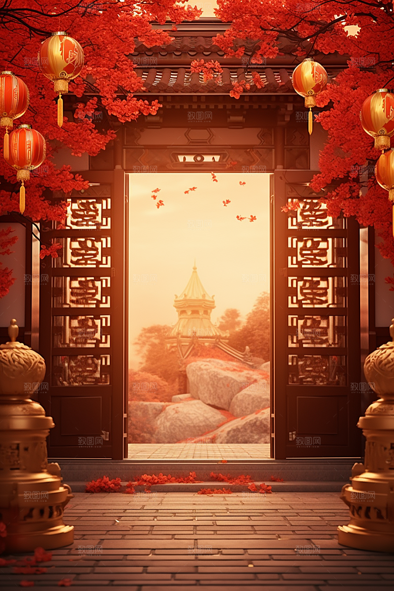 中国风门楼直播火热背景图