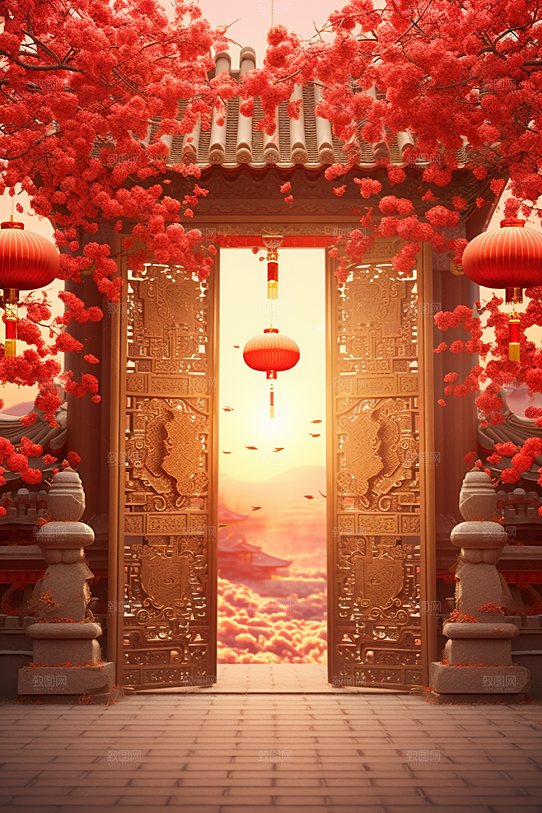 中国风门楼开业大吉直播背景图