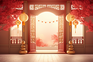 中国风门楼开业大吉火热背景图