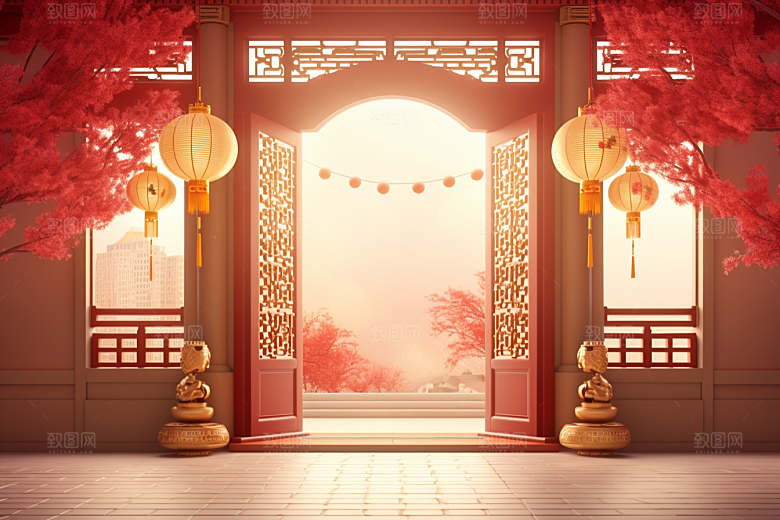 中国风门楼开业大吉火热背景图