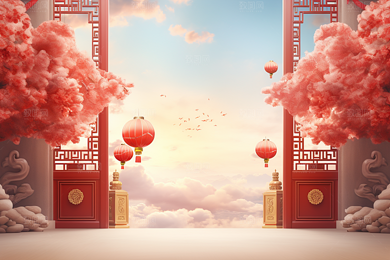 中国风门楼喜庆直播背景图