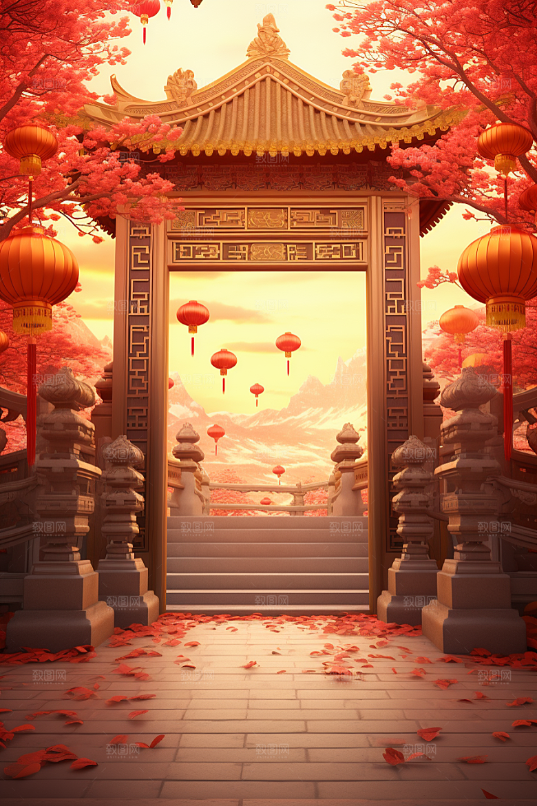 中国风门楼促销直播背景图
