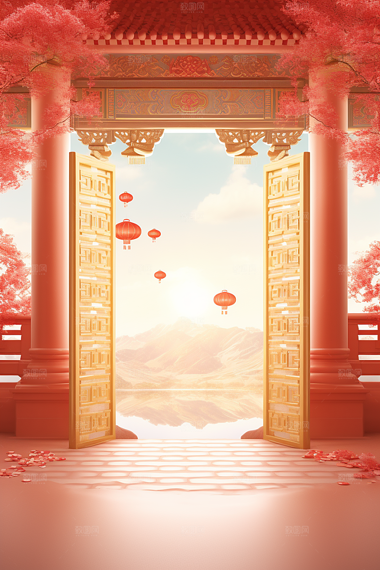 中国风门楼喜庆促销背景图