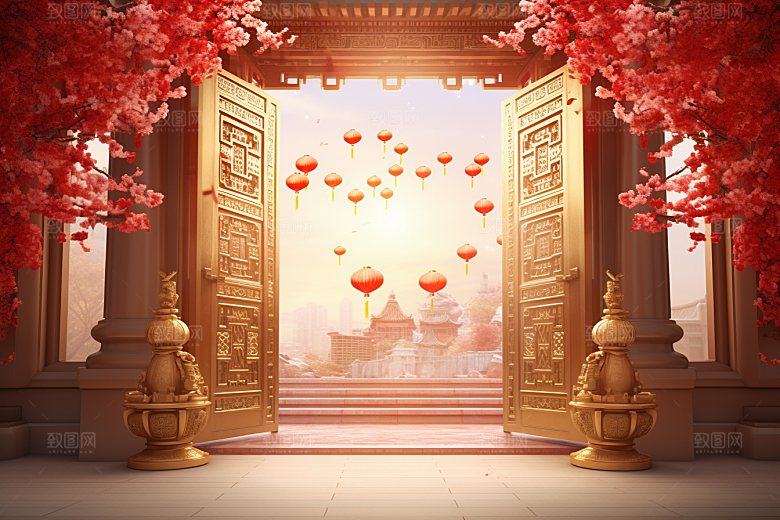 中国风门楼开门红促销背景图