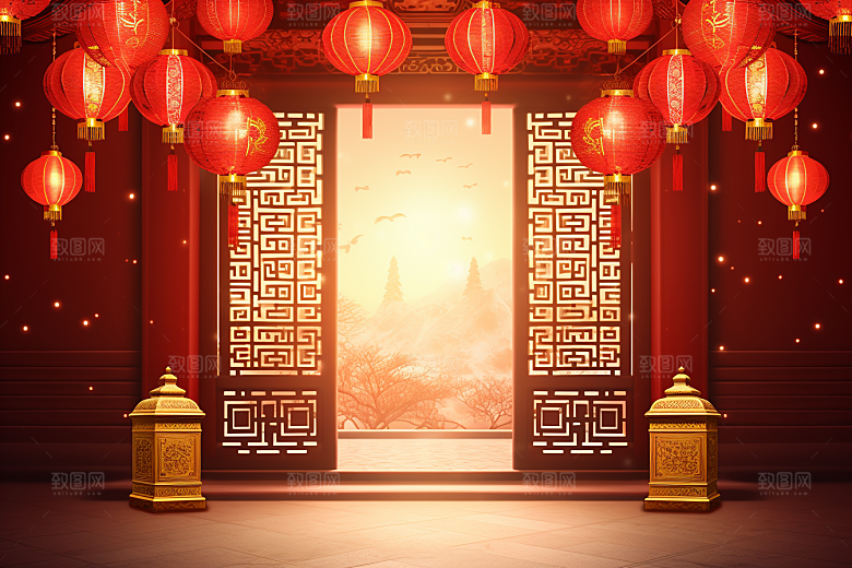 中国风门楼促销开业背景图