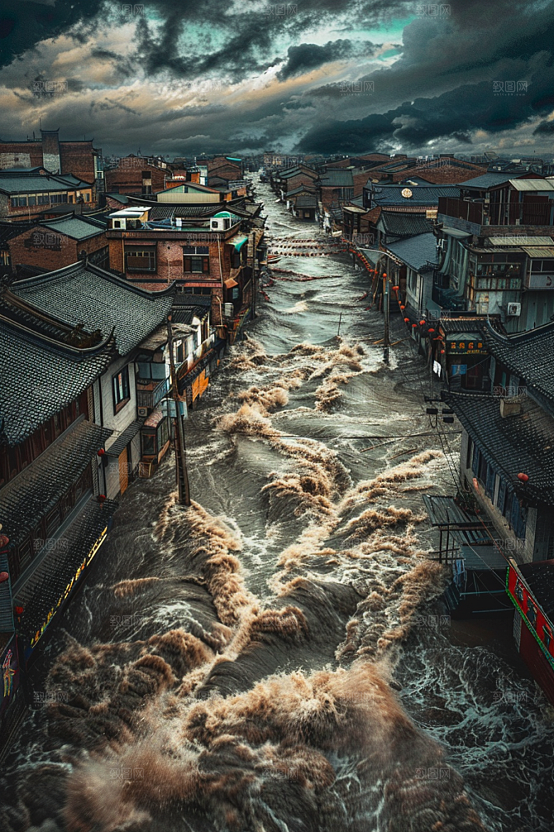洪涝灾害城市被淹极端天气摄影图