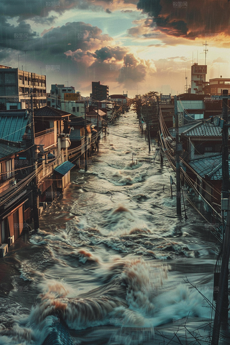 洪涝灾害高清城市被淹摄影图