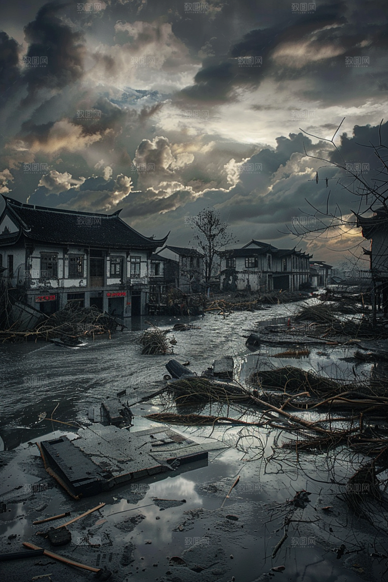 洪涝灾害泥石流极端天气摄影图
