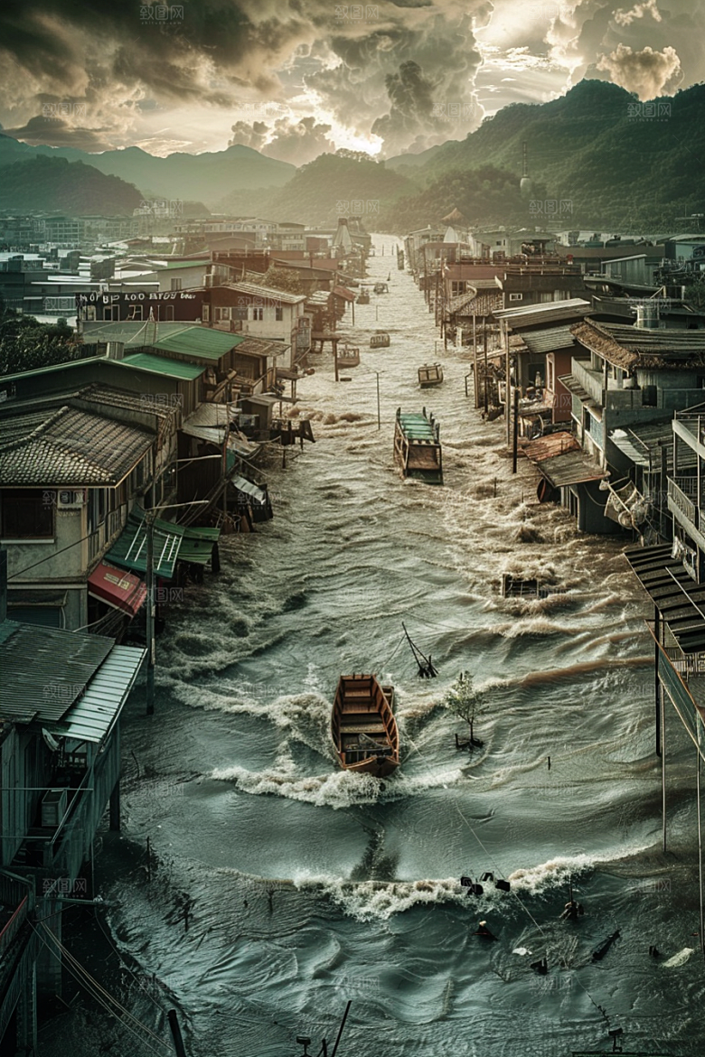 洪涝灾害城市被淹恶劣天气摄影图