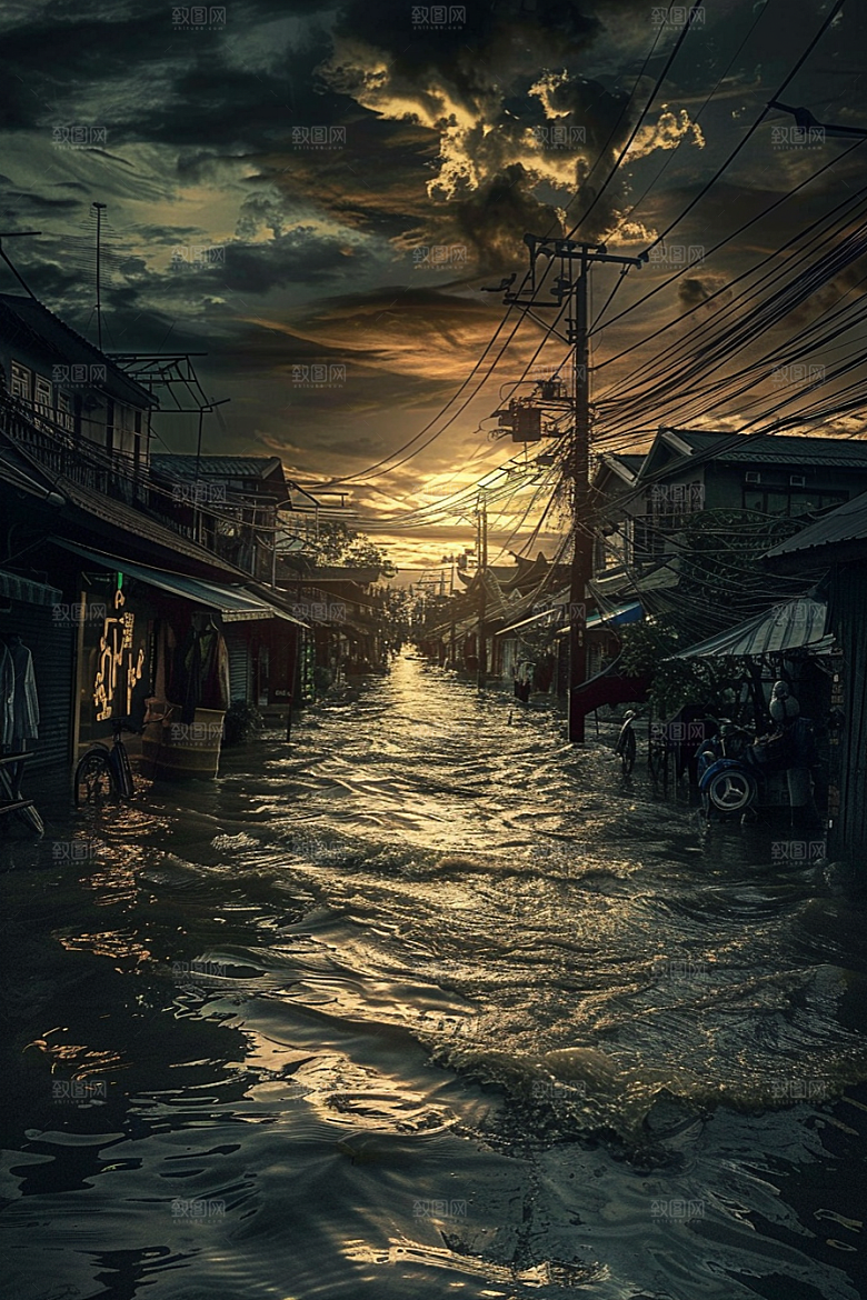 洪涝灾害城市被淹洪水摄影图