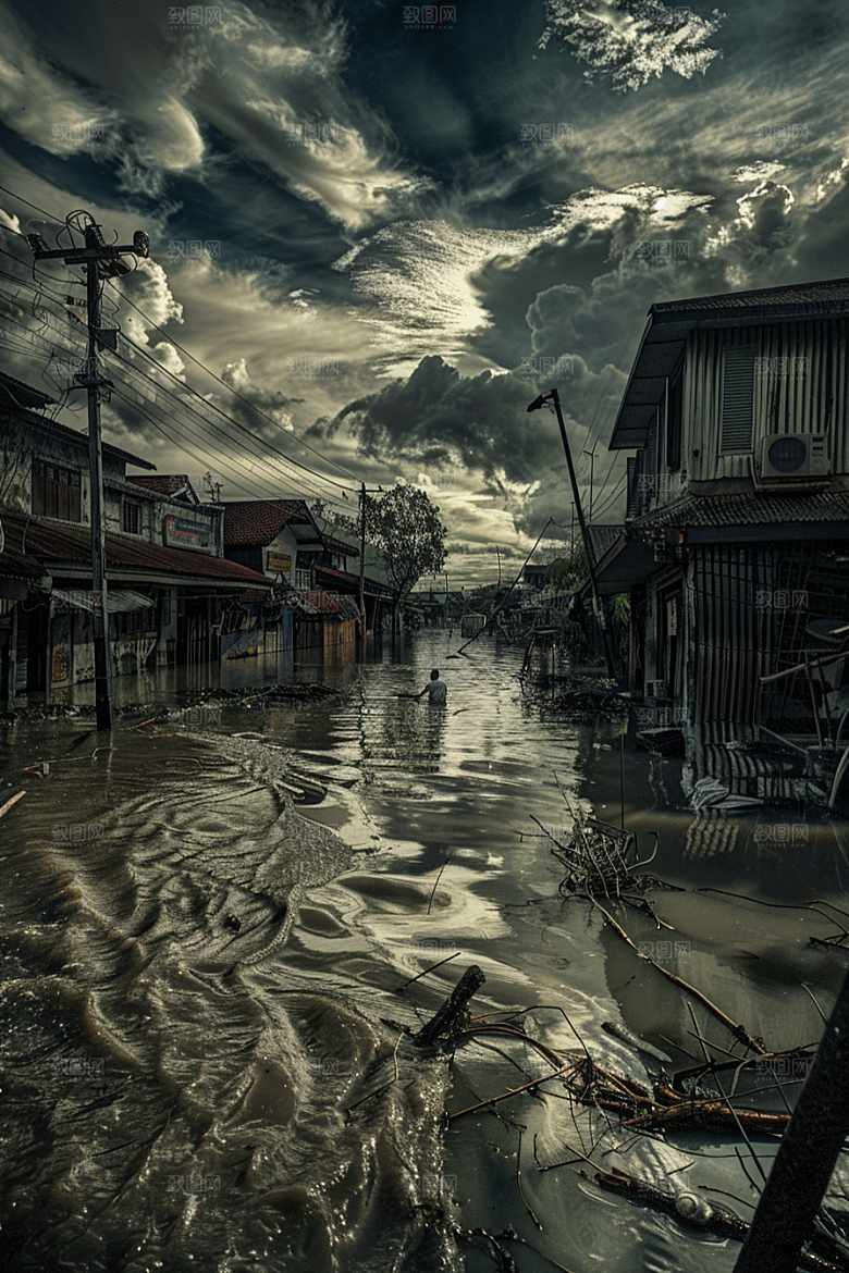 洪涝灾害城市被淹暴雨摄影图