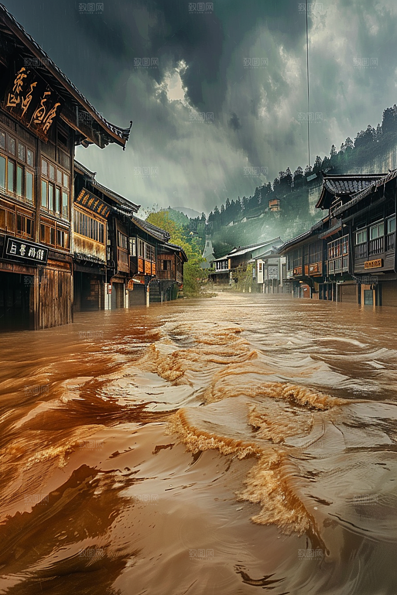 洪涝灾害泥石流极端天气摄影图