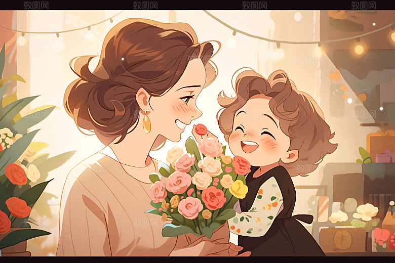 卡通母亲节唯美家庭插画