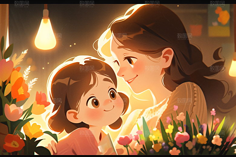 卡通母亲节平面家庭插画